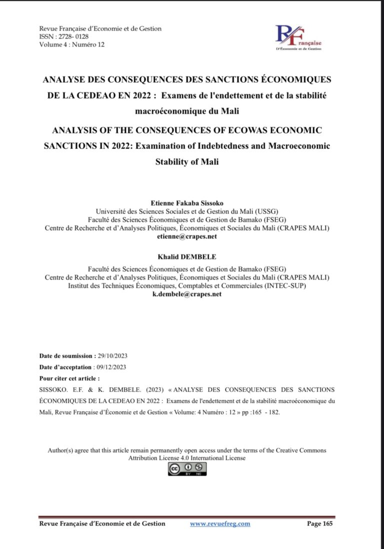 ANALYSE DES CONSEQUENCES DES SANCTIONS ÉCONOMIQUES DE LA CEDEAO EN 2022 : Examens de l&rsquo;endettement et de la stabilité macroéconomique du Mali
