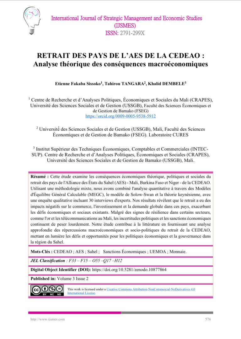 RETRAIT DES PAYS DE L&rsquo;AES DE LA CEDEAO : Analyse théorique des conséquences macroéconomiques