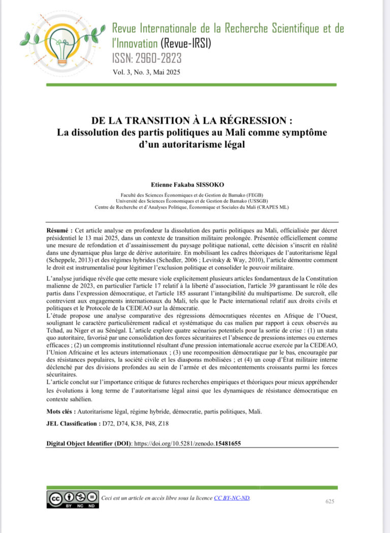 DE LA TRANSITION À LA RÉGRESSION : La dissolution des partis politiques au Mali comme symptôme d’un autoritarisme légal