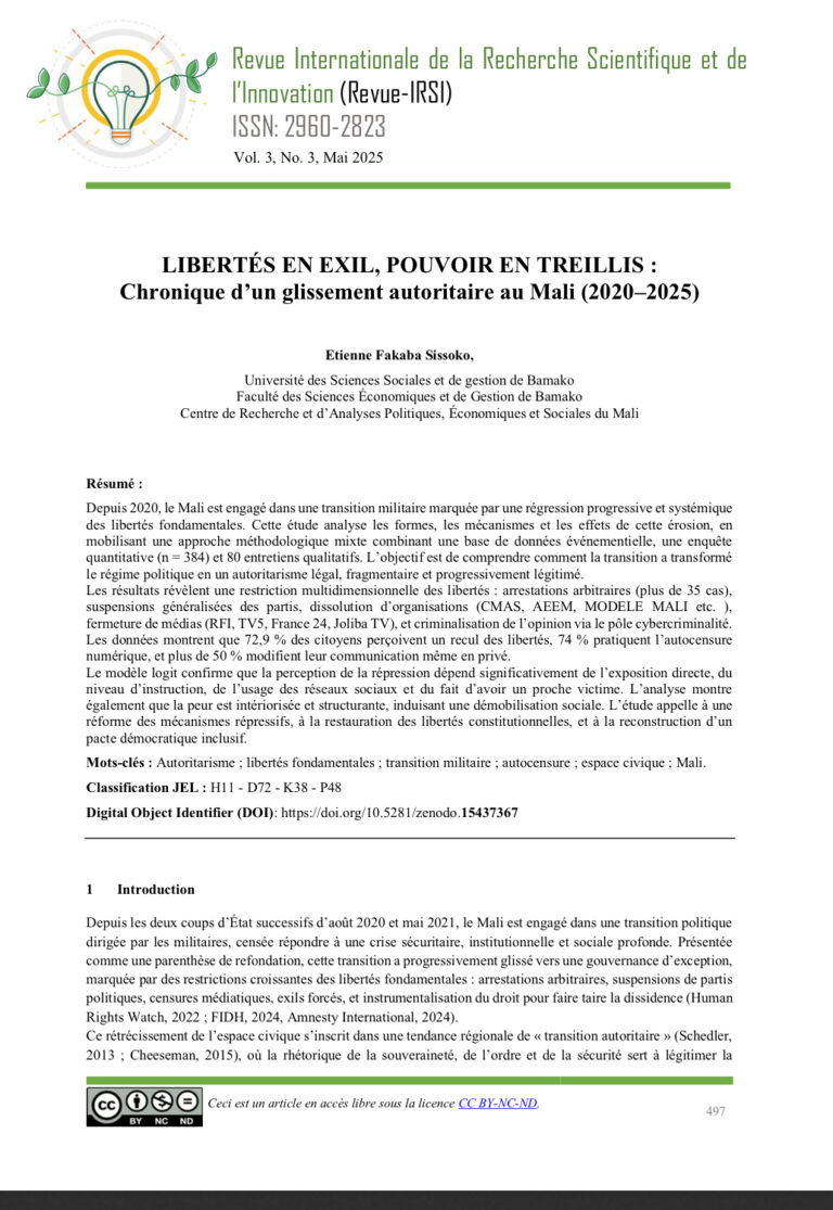 LIBERTÉS EN EXIL, POUVOIR EN TREILLIS : Chronique d’un glissement autoritaire au Mali (2020–2025)