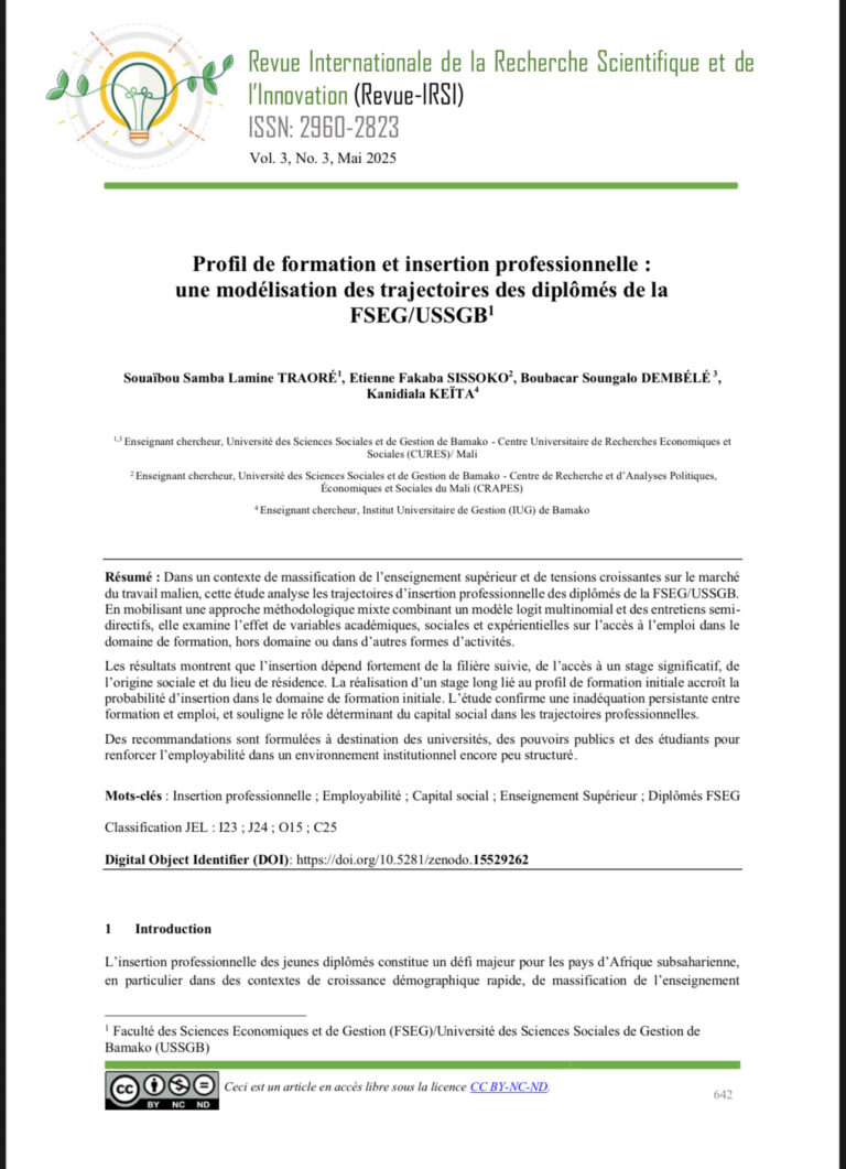 Profil de formation et insertion professionnelle : une modélisation des trajectoires des diplômés de la FSEG/USSGB