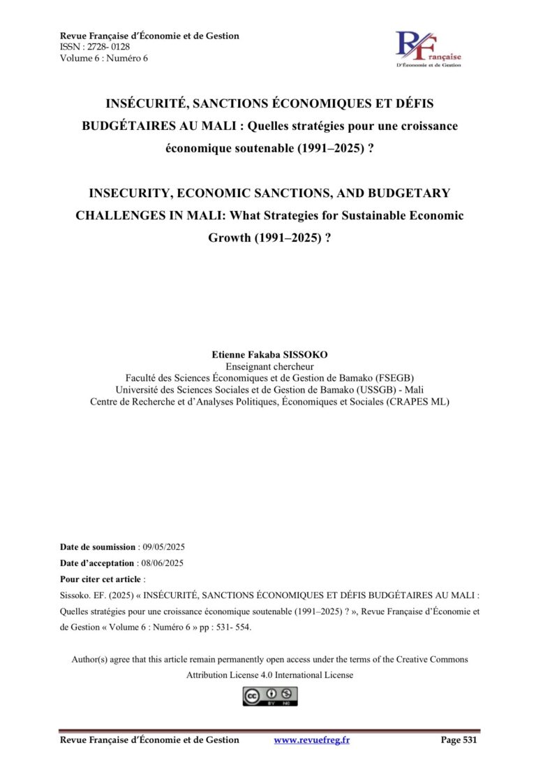 INSÉCURITÉ, SANCTIONS ÉCONOMIQUES ET DÉFIS BUDGÉTAIRES AU MALI : Quelles stratégies pour une croissance économique soutenable (1991–2025) ?