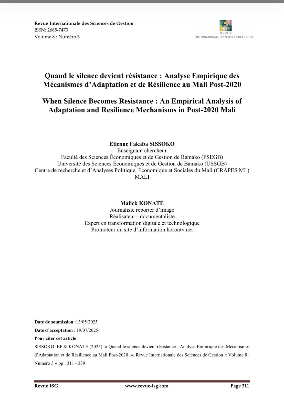 Quand le silence devient résistance : Analyse Empirique des Mécanismes d’Adaptation et de Résilience au Mali Post-2020