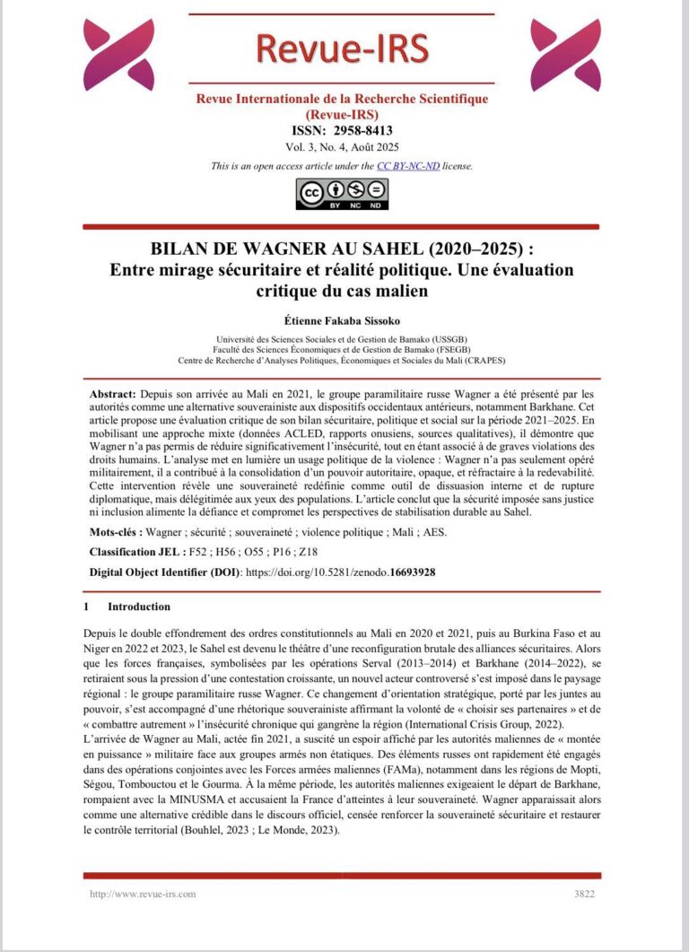 BILAN DE WAGNER AU SAHEL (2020–2025) : Entre mirage sécuritaire et réalité politique. Une évaluation critique du cas malien