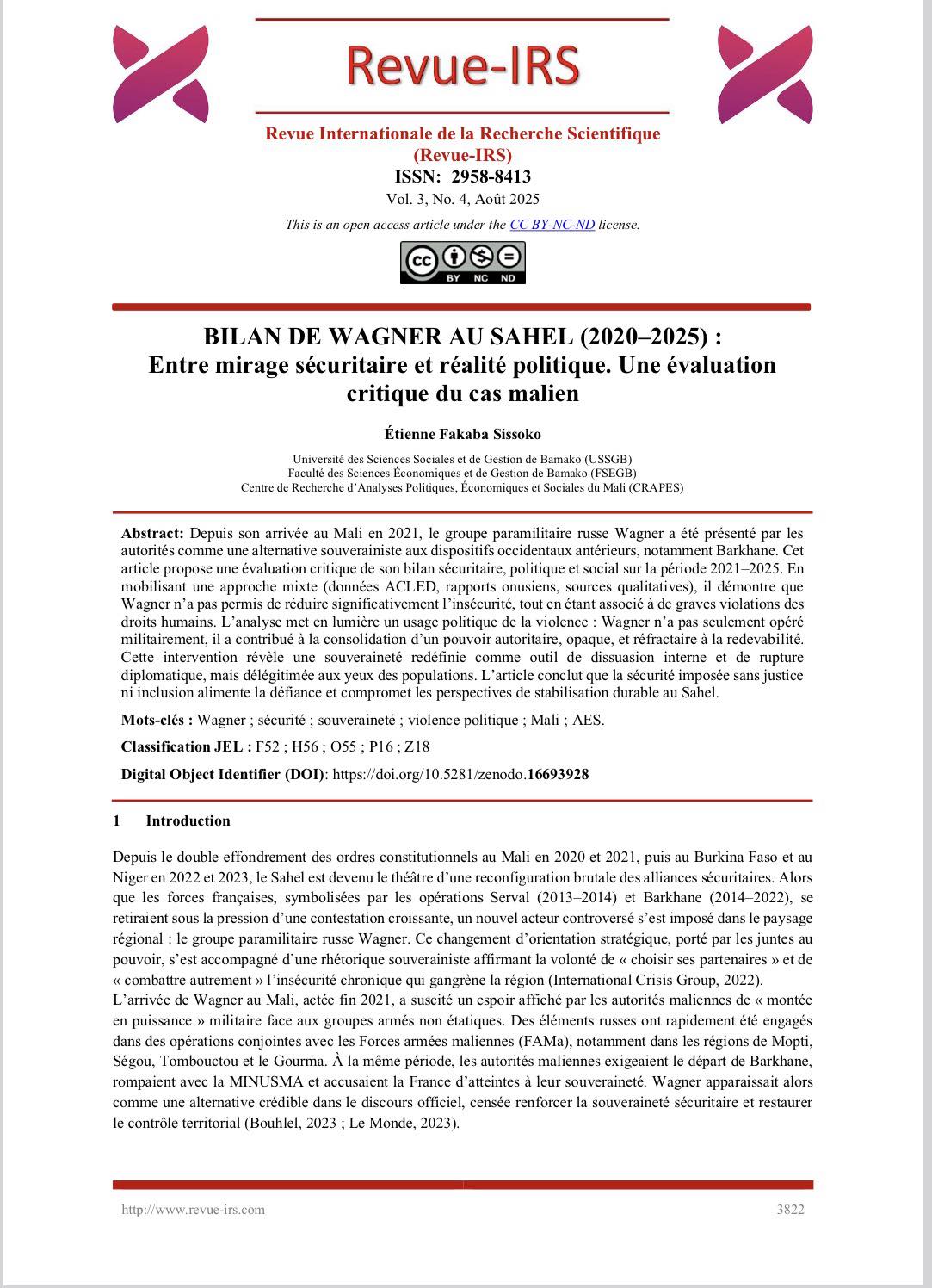 BILAN DE WAGNER AU SAHEL (2020–2025) : Entre mirage sécuritaire et réalité politique. Une évaluation critique du cas malien