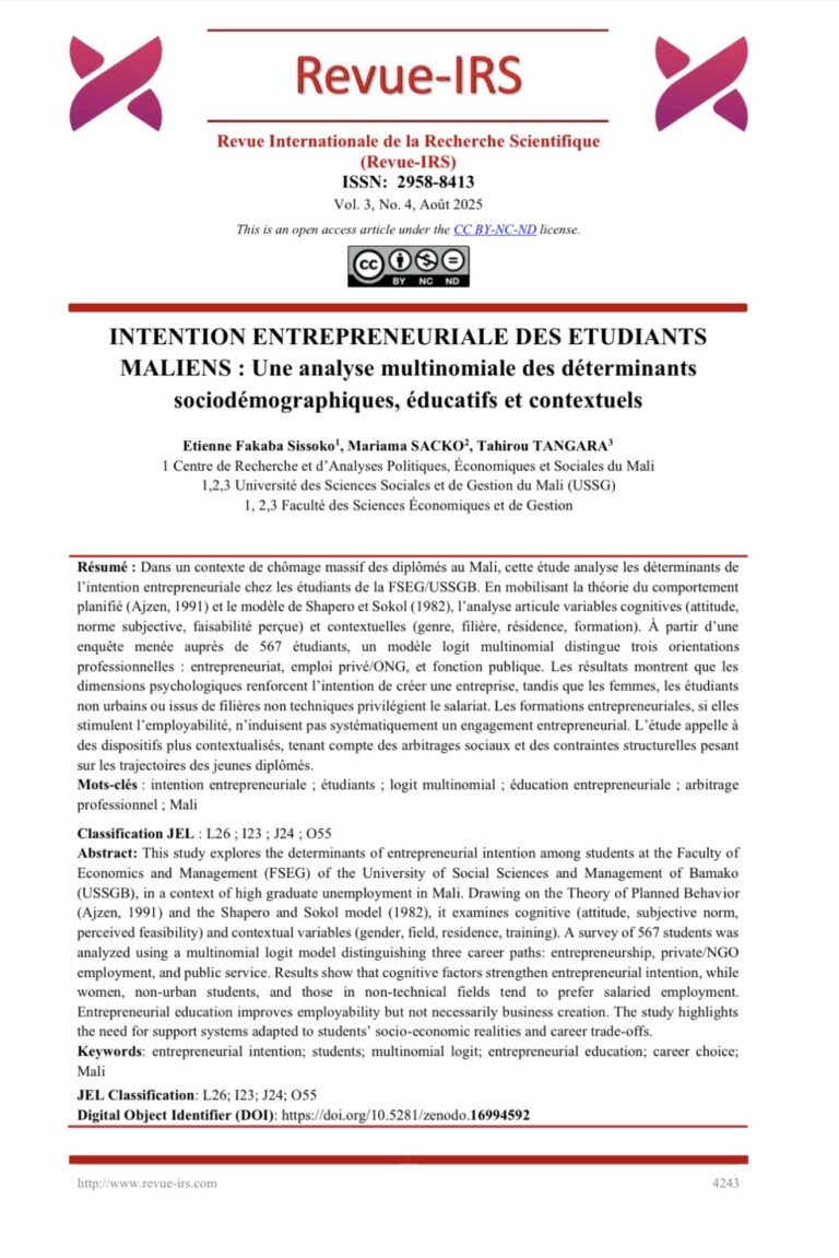 INTENTION ENTREPRENEURIALE DES ETUDIANTS MALIENS : Une analyse multinomiale des déterminants sociodémographiques, éducatifs et contextuels