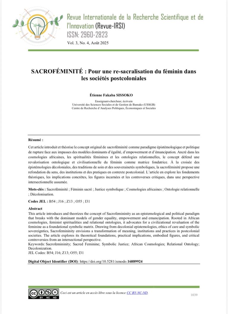 SACROFÉMINITÉ : Pour une re-sacralisation du féminin dans les sociétés postcoloniales