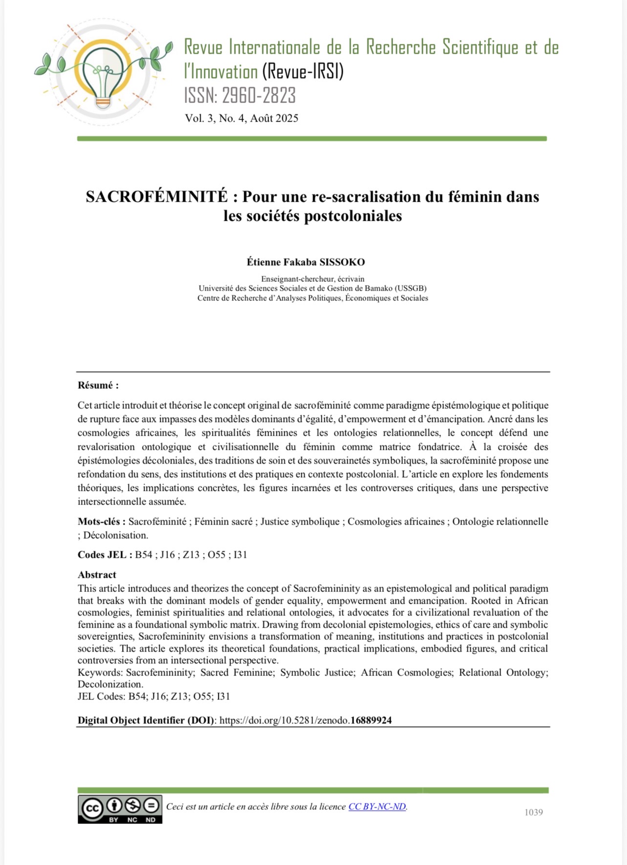 SACROFÉMINITÉ : Pour une re-sacralisation du féminin dans les sociétés postcoloniales