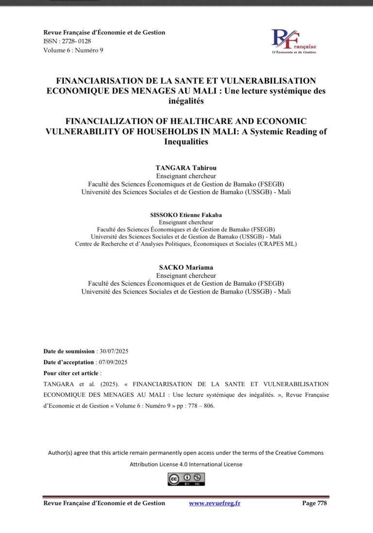 FINANCIARISATION DE LA SANTE ET VULNERABILISATION ECONOMIQUE DES MENAGES AU MALI : Une lecture systémique des inégalités