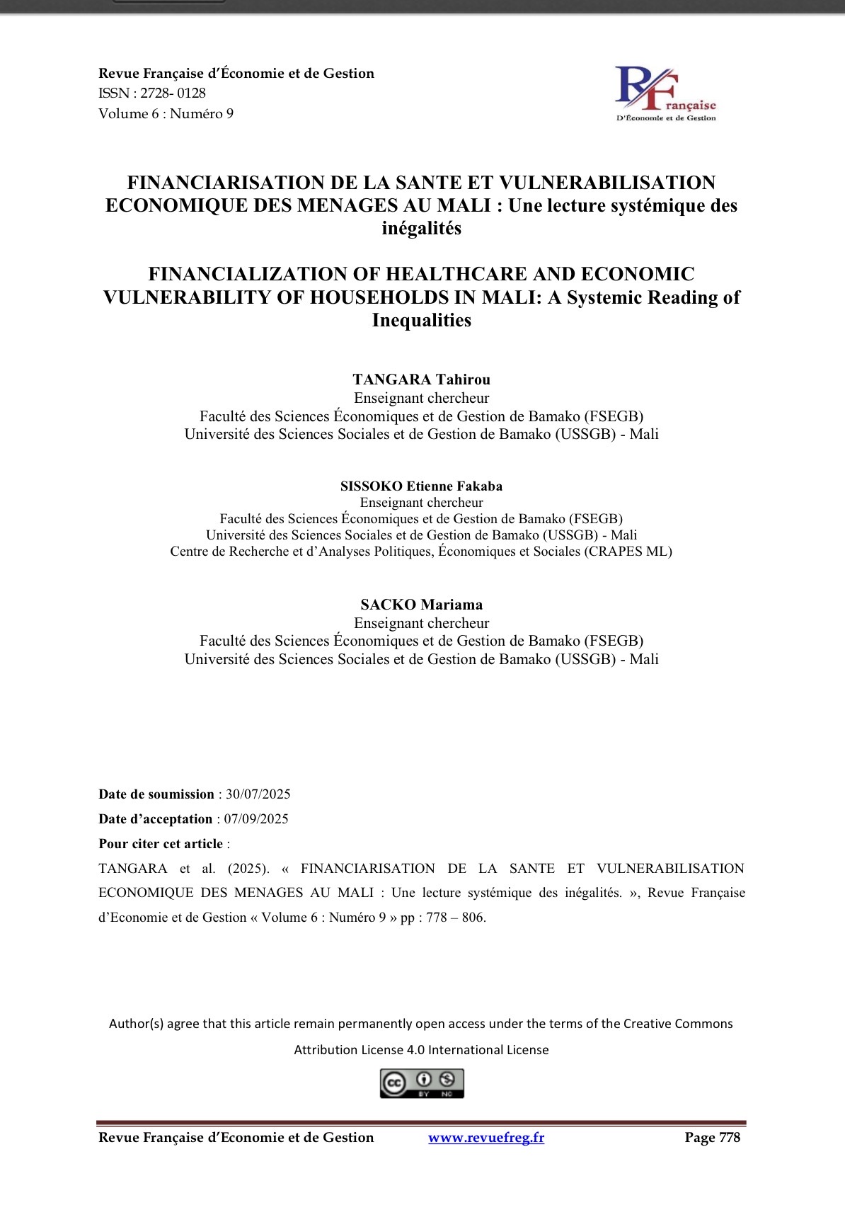 FINANCIARISATION DE LA SANTE ET VULNERABILISATION ECONOMIQUE DES MENAGES AU MALI : Une lecture systémique des inégalités