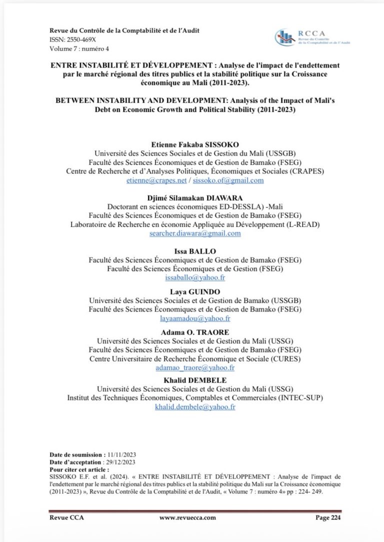 ENTRE INSTABILITÉ ET DÉVELOPPEMENT : Analyse de l&rsquo;impact de l&rsquo;endettement par le marché régional des titres publics et la stabilité politique sur la Croissance économique au Mali (2011-2023).