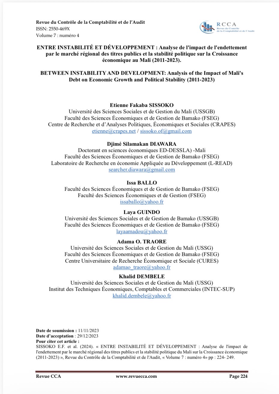 ENTRE INSTABILITÉ ET DÉVELOPPEMENT : Analyse de l'impact de l'endettement par le marché régional des titres publics et la stabilité politique sur la Croissance économique au Mali (2011-2023).