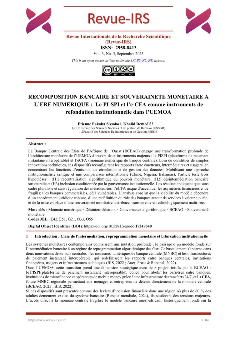 RECOMPOSITION BANCAIRE ET SOUVERAINETE MONETAIRE A L’ERE NUMERIQUE : Le PI SPI et l’e CFA comme instruments de refondation institutionnelle dans l’UEMOA