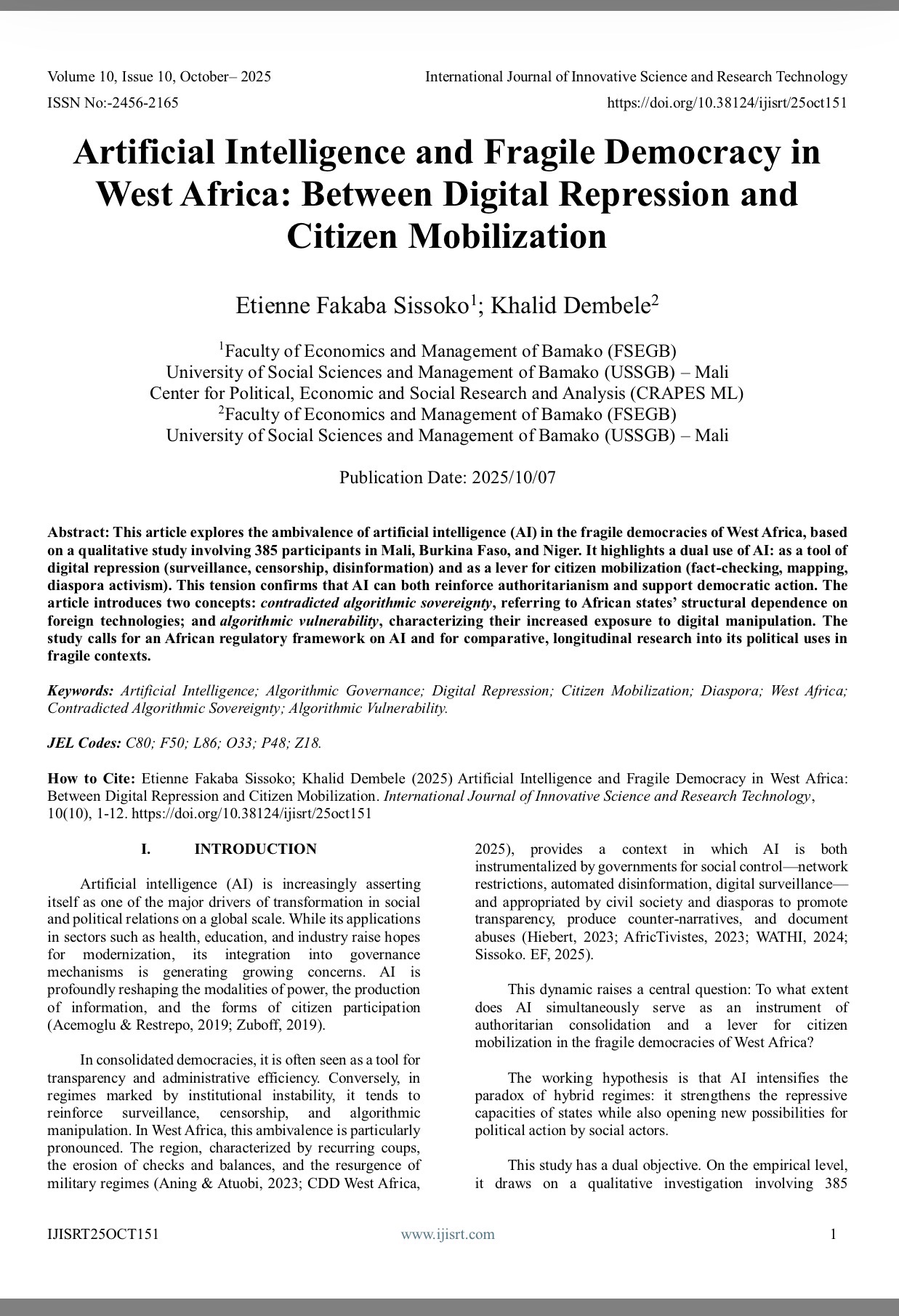 Intelligence artificielle et démocratie fragile en Afrique de l’Ouest : entre répression numérique et mobilisation citoyenne