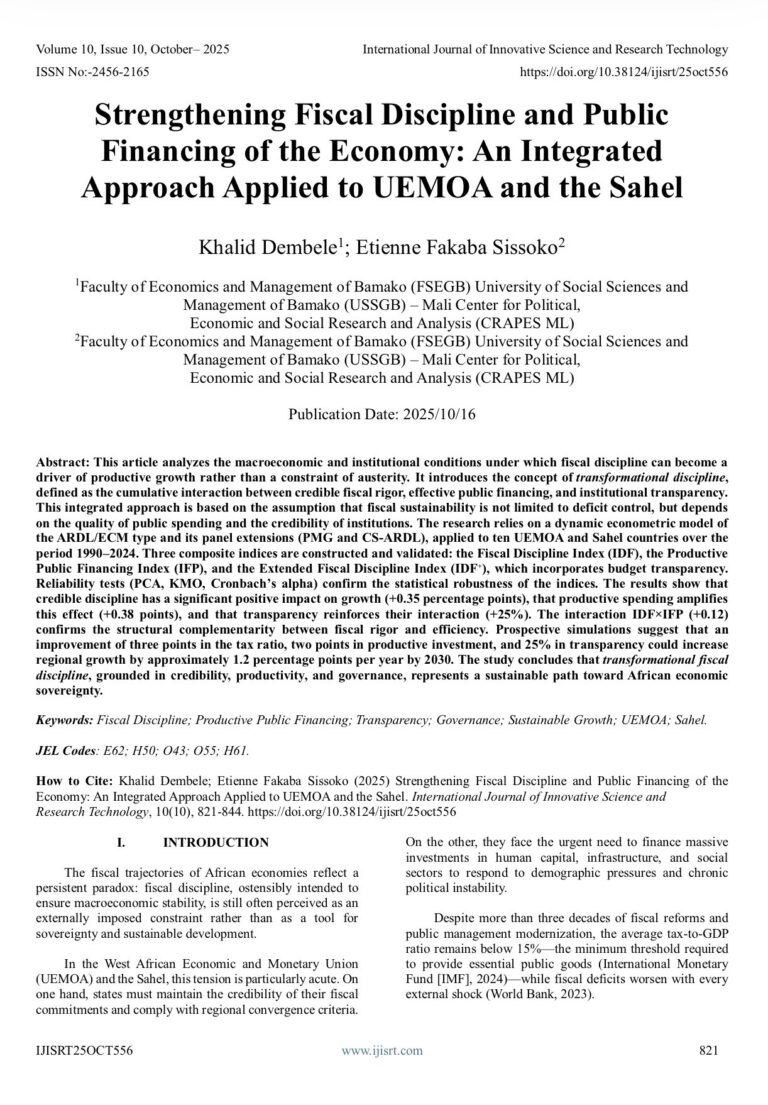 Strengthening fiscal discipline and public financing of the economy: An integrated approach applied to UEMOA and the Sahel