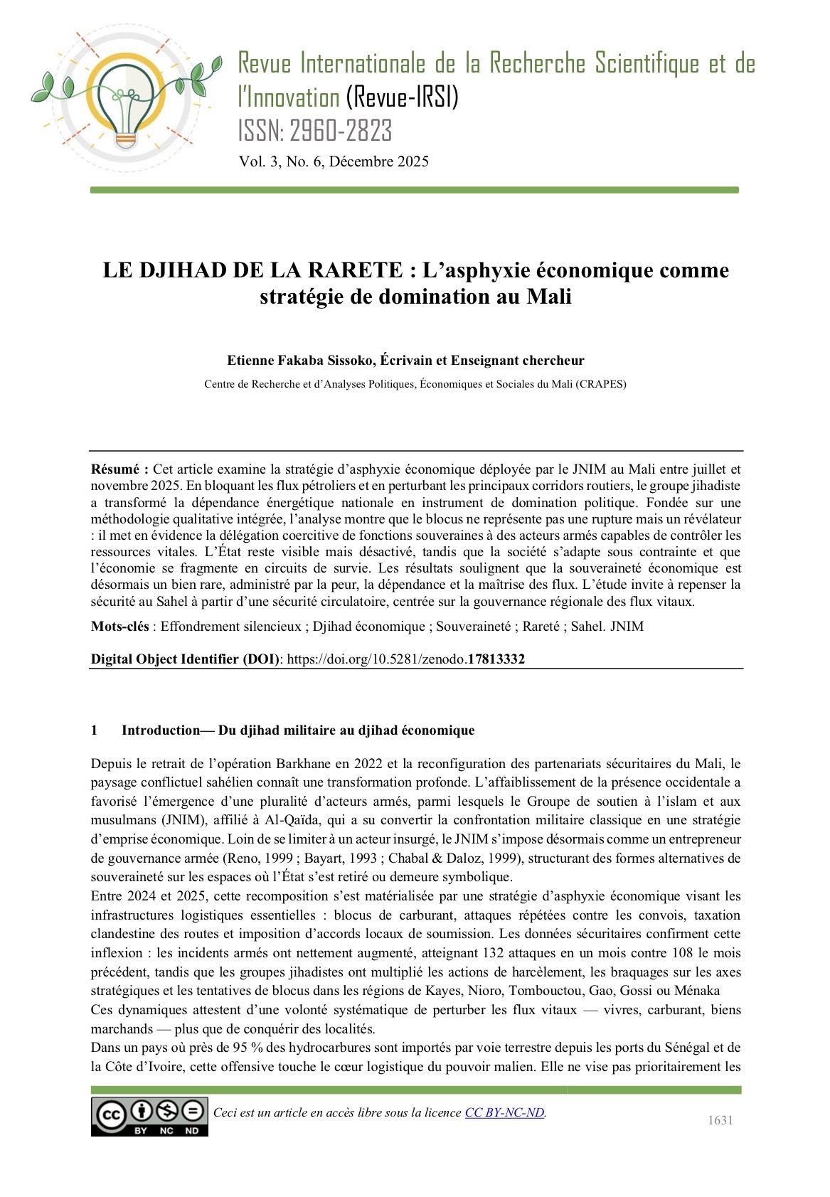 LE DJIHAD DE LA RARETE : L’asphyxie économique comme stratégie de domination au Mali