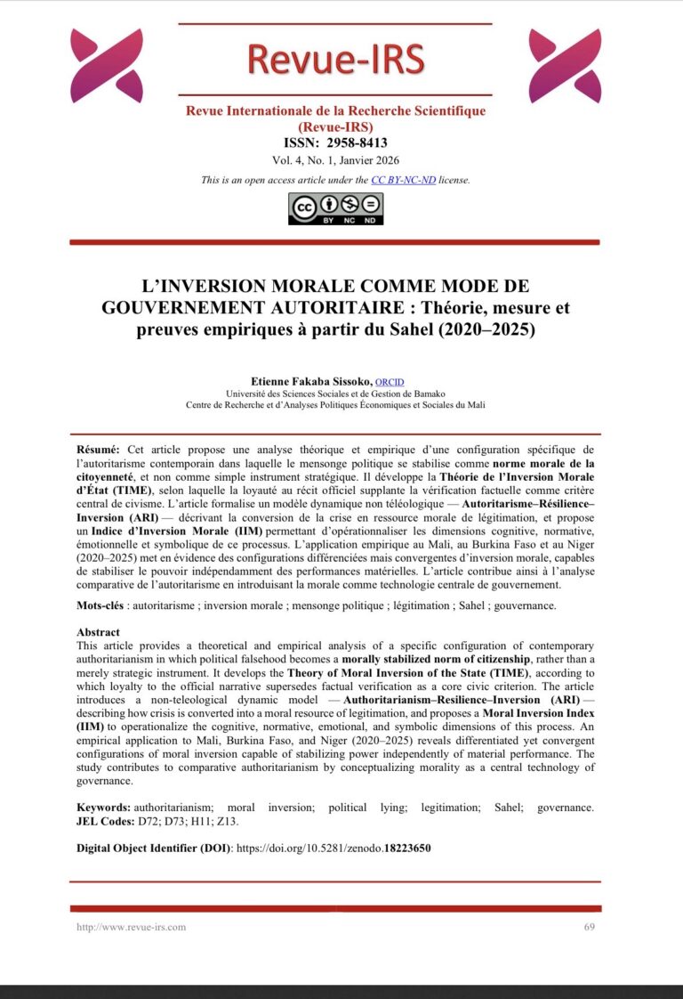L’INVERSION MORALE COMME MODE DE GOUVERNEMENT AUTORITAIRE : Théorie, mesure et preuves empiriques à partir du Sahel (2020–2025)