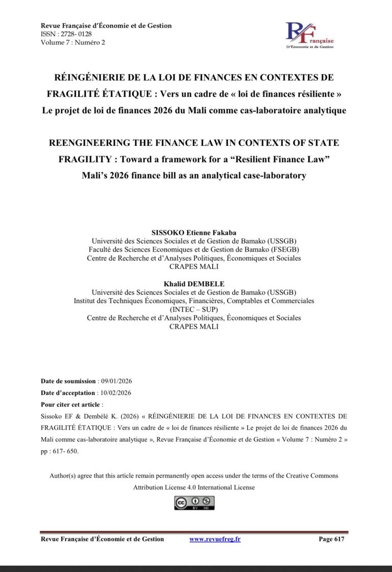 RÉINGÉNIERIE DE LA LOI DE FINANCES EN CONTEXTES DE FRAGILITÉ ÉTATIQUE : Vers un cadre de « loi de finances résiliente » Le projet de loi de finances 2026 du Mali comme cas-laboratoire analytique