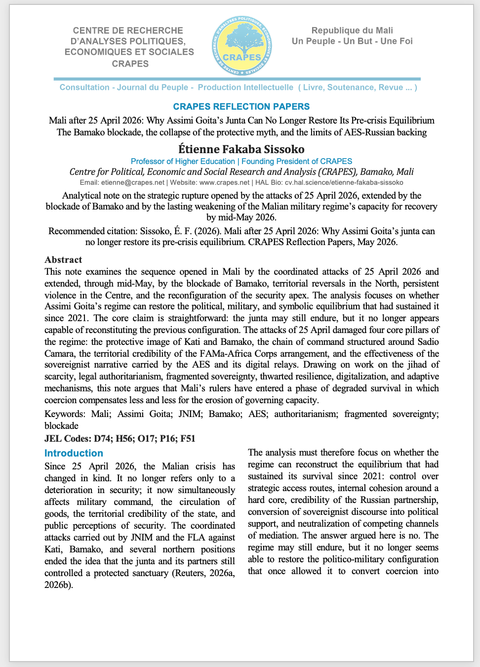 citation: Sissoko, É. F. (2026). Mali after 25 April 2026: Why Assimi Goita’s junta can no longer restore its pre-crisis equilibrium. CRAPES Reflection Papers, May 2026.